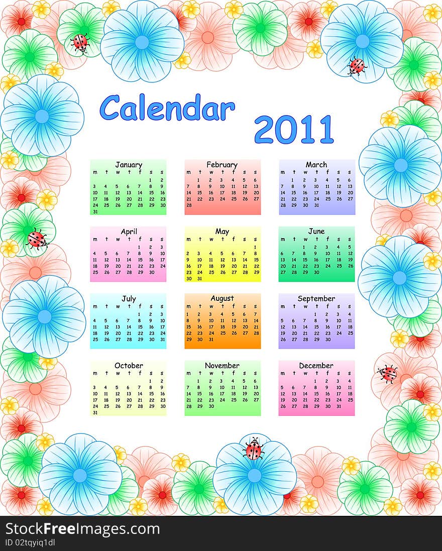 Colorful  calendar for 2011 with flowers