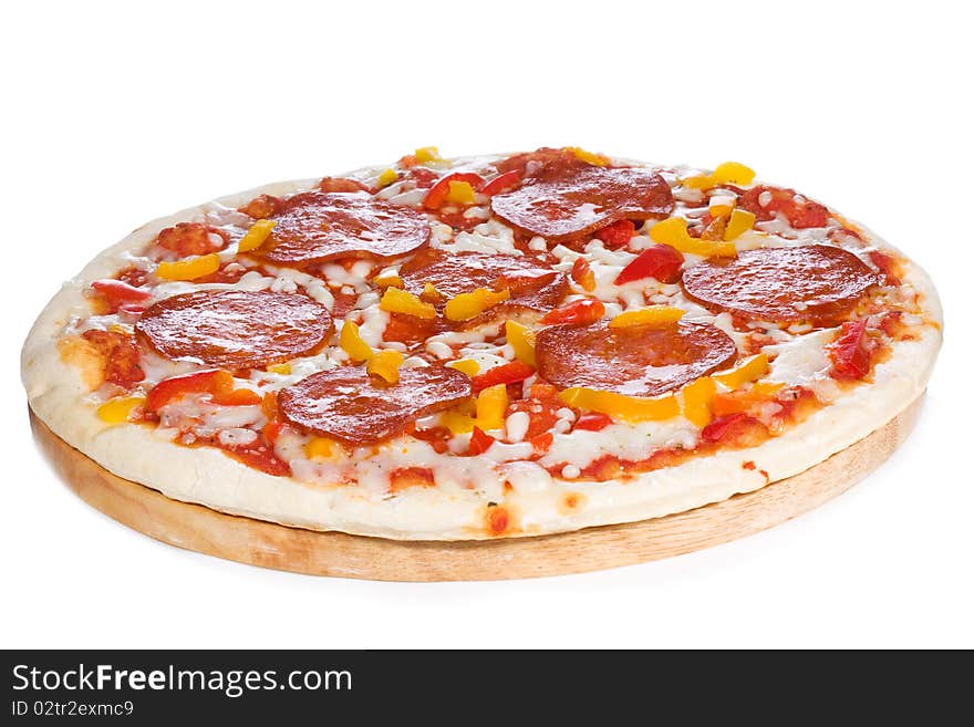 Pizza with salami on white background