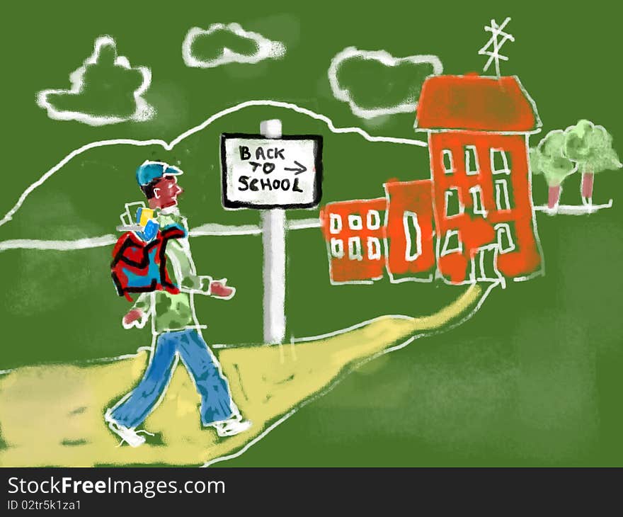 Illustration in colored chalk on green chalkboard surface. Shows male student with stuffed backpack striding along path to school building. Sign on path reads 'Back to School'. Illustration in colored chalk on green chalkboard surface. Shows male student with stuffed backpack striding along path to school building. Sign on path reads 'Back to School'.