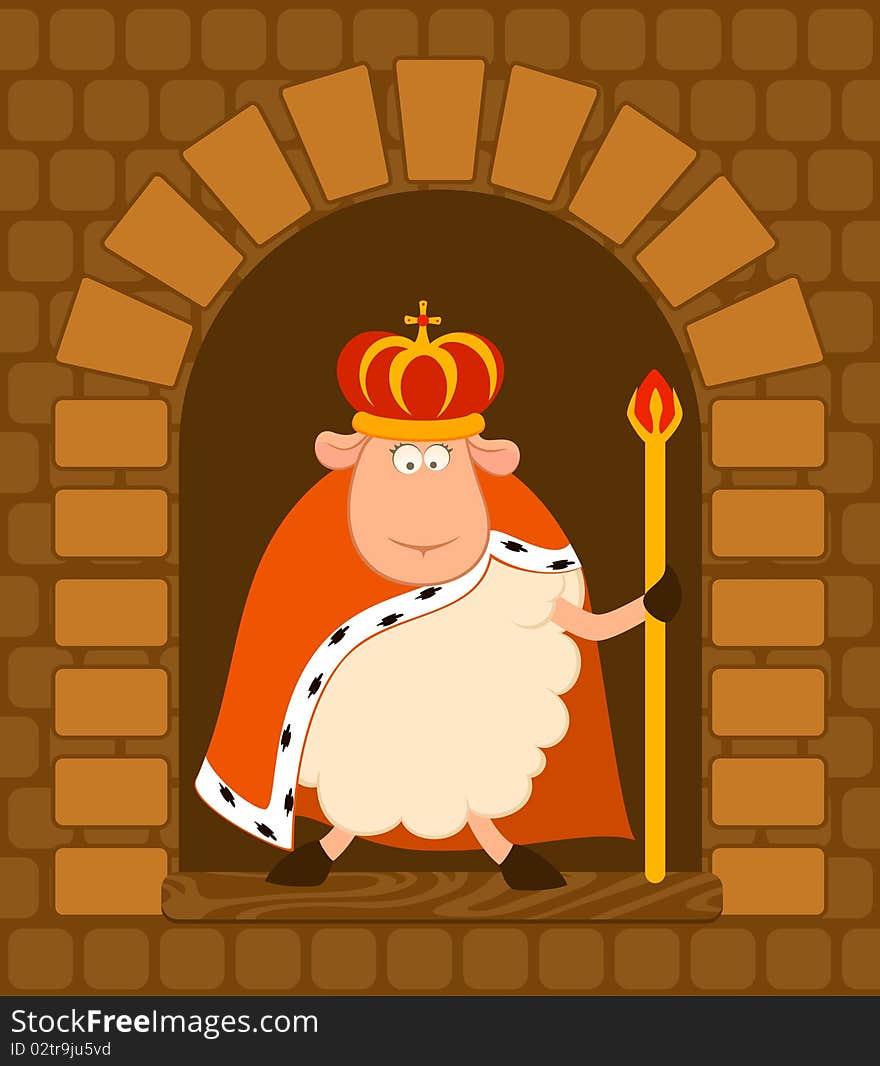 King of sheep in a crown on a medieval lock background