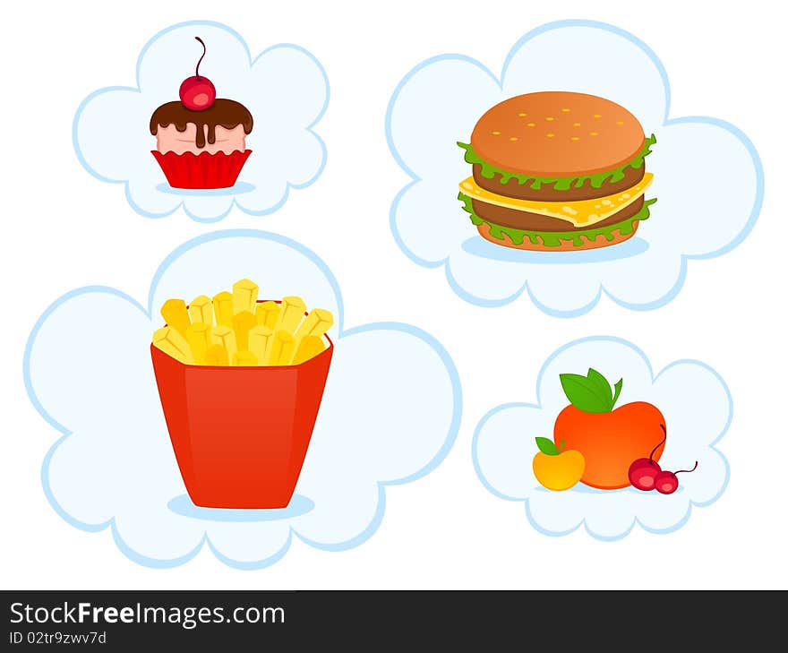 Cheeseburger with the pack of french fries, sweet cupcake on white background