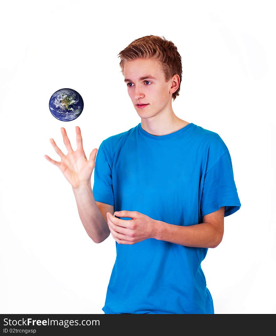 Boy watching the earth - on white background