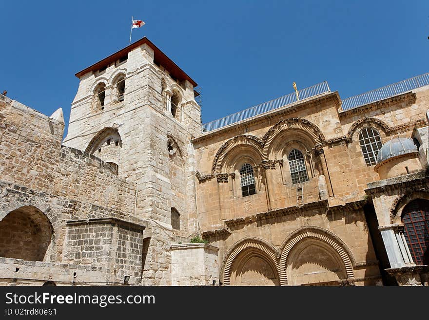 Belfry tower at the entrance to the Church of the Holy Sepulchre in Jerusalem. Belfry tower at the entrance to the Church of the Holy Sepulchre in Jerusalem