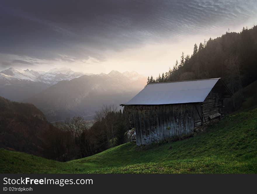 The beautiful sunset time in Alps swiss nature. The beautiful sunset time in Alps swiss nature