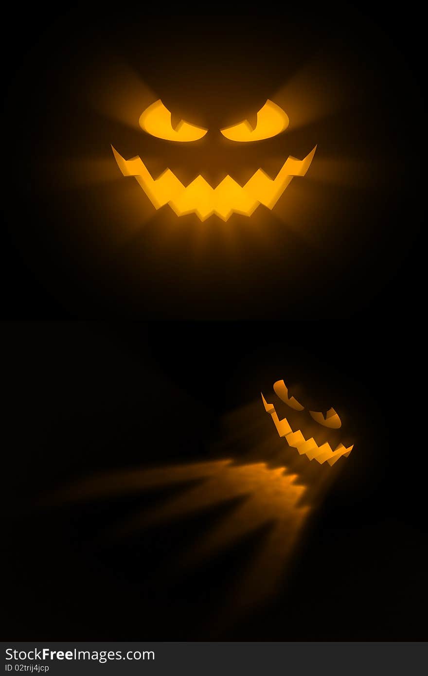 An iluminated pumpkin face on a black background