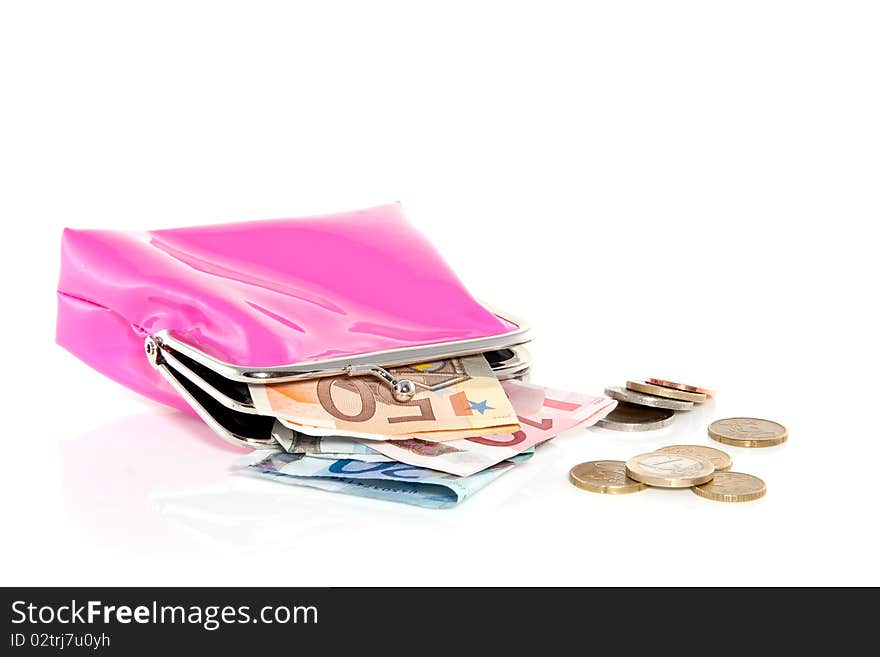 A pink purse with Euro banknotes isolated over a white background