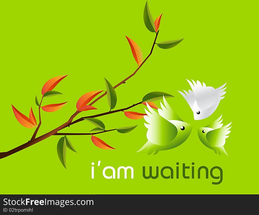 Lovebirds Character flying togetherness around twig, cartoon Illustration.