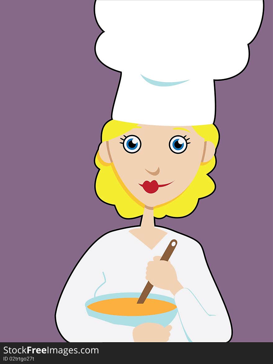 Illustration of a female chef wearing white against a purple background. She is stirring a bowl.