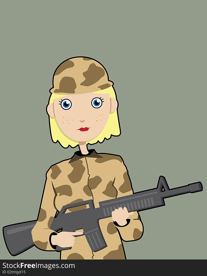 Young female soldier in camouflage holds an M-16 rile standing against a gray background. Young female soldier in camouflage holds an M-16 rile standing against a gray background.