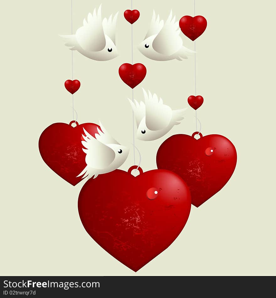 Valentine's Day Concept, lovebirds flying around love hearts. Valentine's Day Concept, lovebirds flying around love hearts