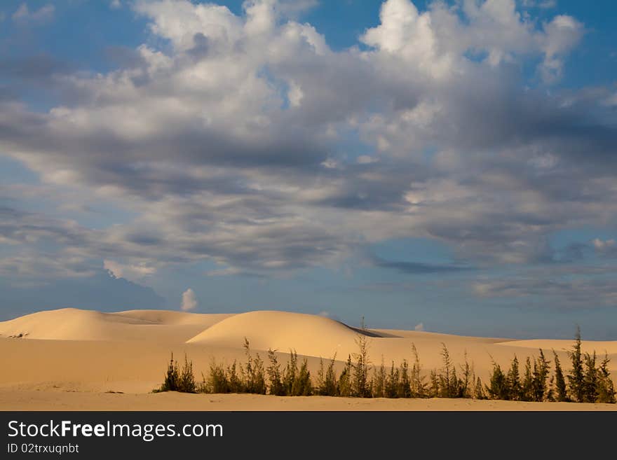 Sand dunes with a cloudy sky in Mui Ne, central Vietnam