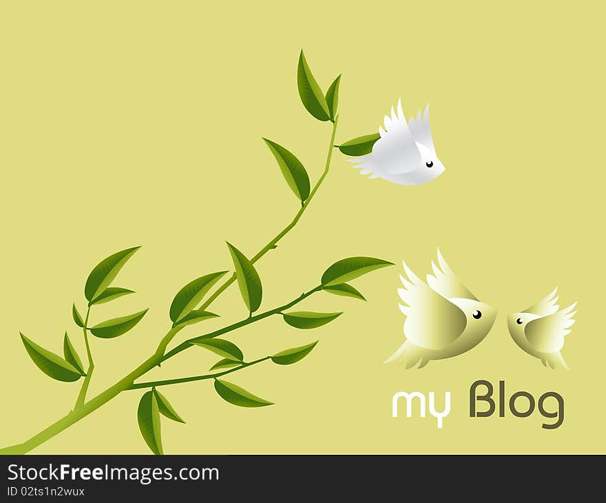 Lovebirds Character flying togetherness around twig, cartoon Illustration.