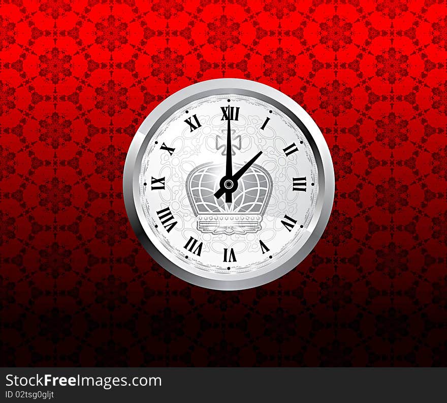 Vintage clock on red pattern style background