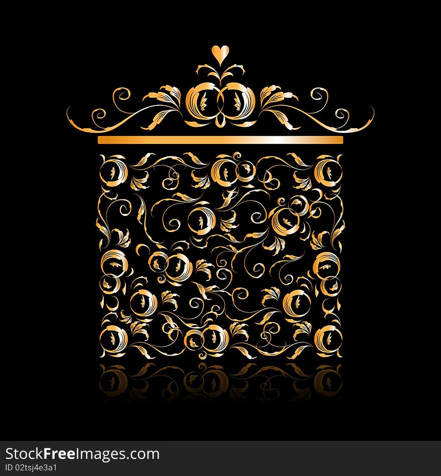 Golden gift box stylized, floral ornament design