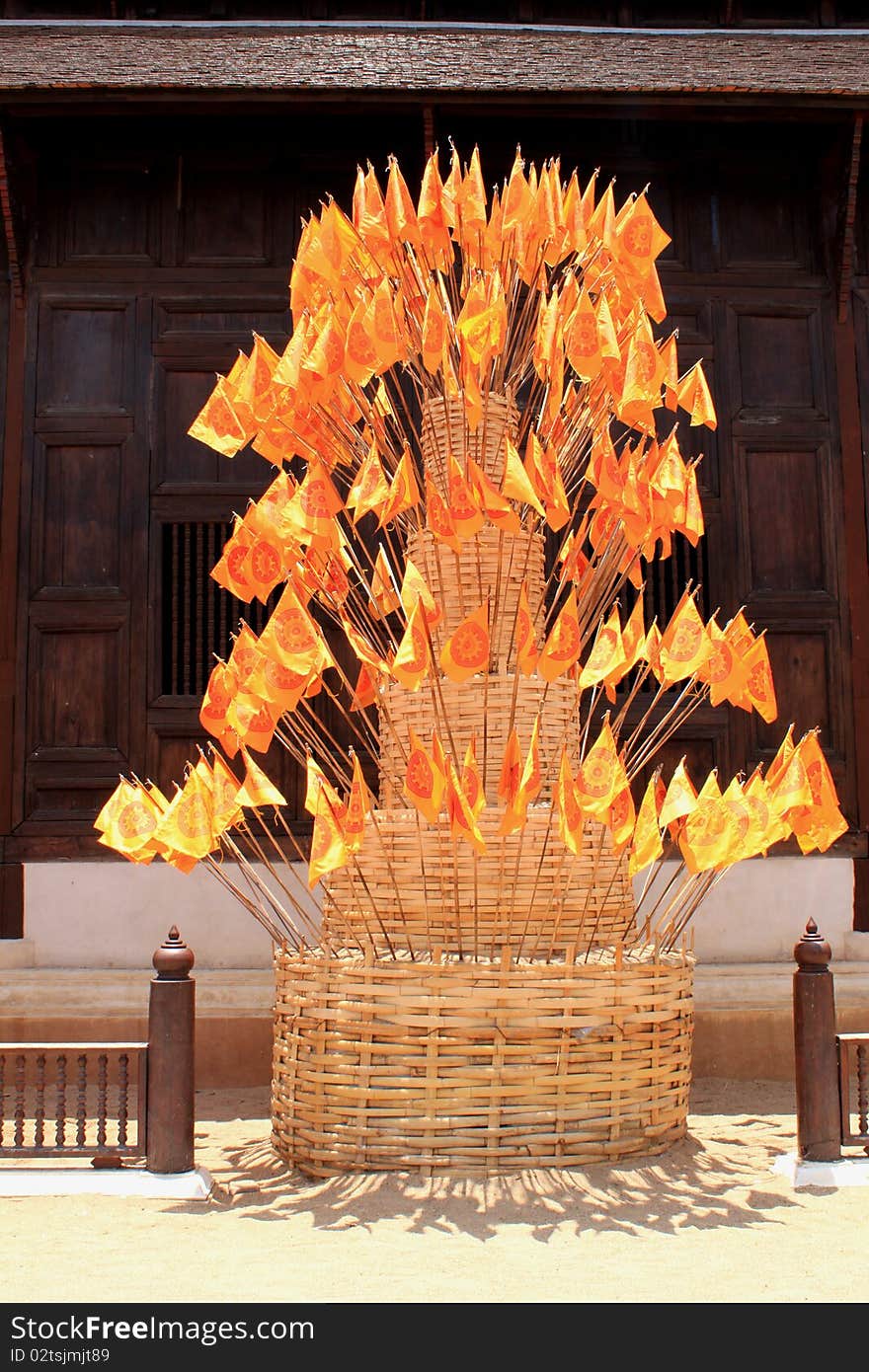 Buddhism flag symbol on bamboo pagoda. Buddhism flag symbol on bamboo pagoda