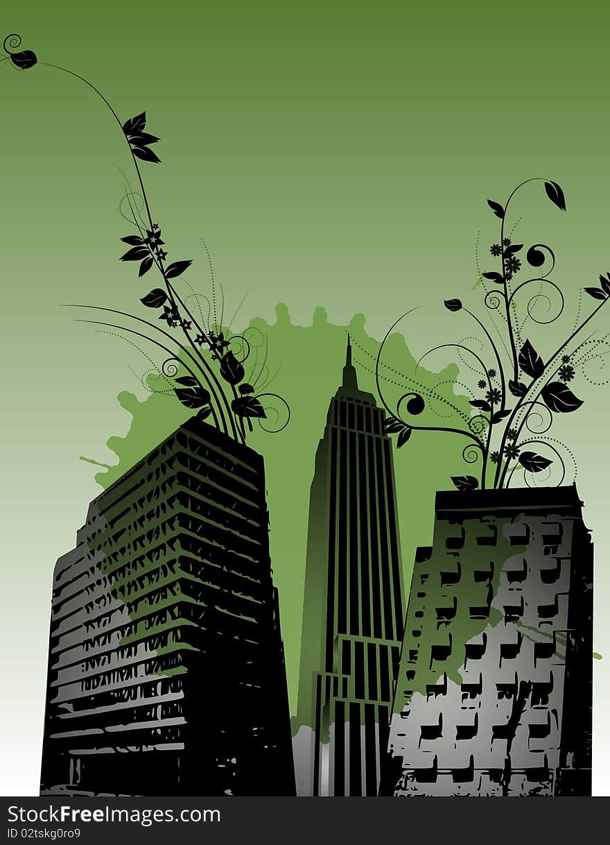 A green background with grey black city buildings and floral patterns. A green background with grey black city buildings and floral patterns