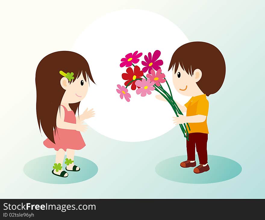 Vector illustration of an boy with chrysanthemums and shy girl. Vector illustration of an boy with chrysanthemums and shy girl.