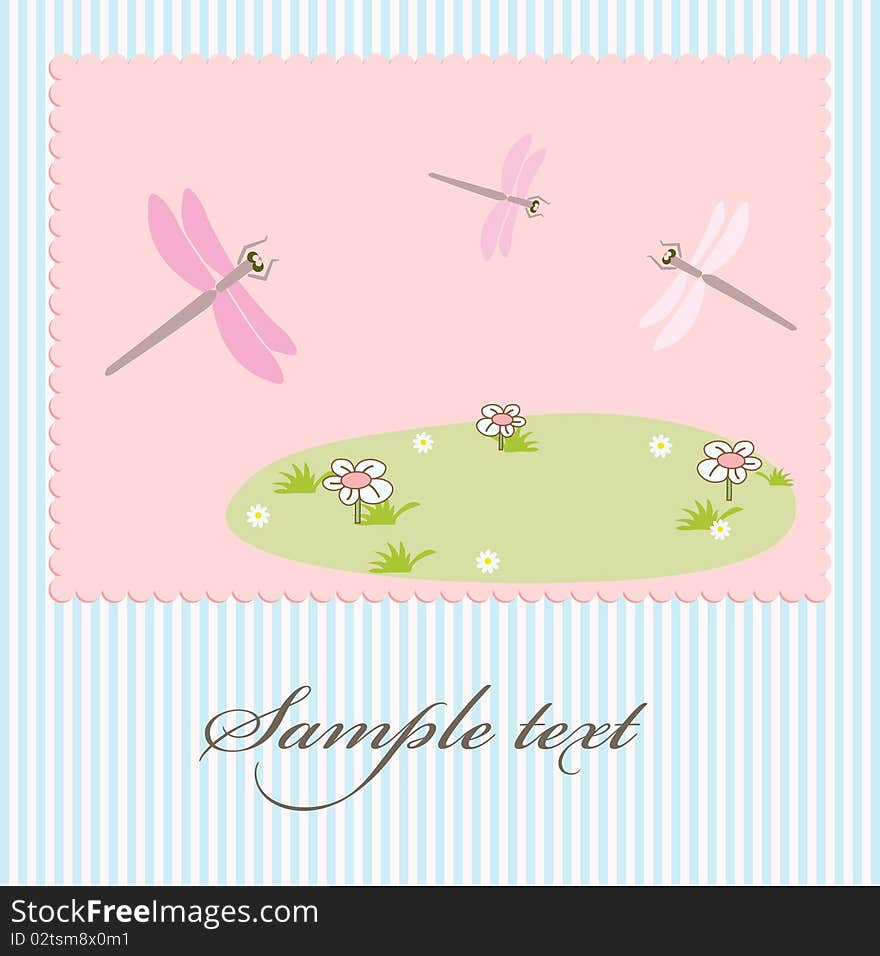 Greeting card with dragonfly and flowers