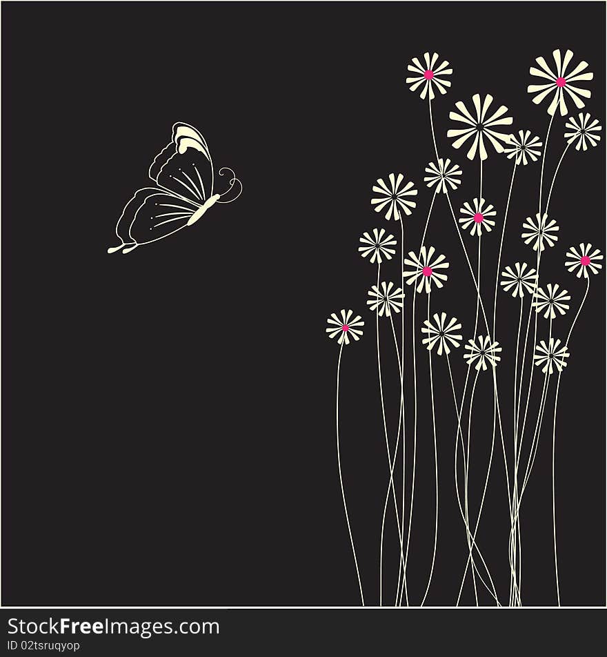 Beautiful illustration of a lone flower gray, retro style with butterfly. Beautiful illustration of a lone flower gray, retro style with butterfly