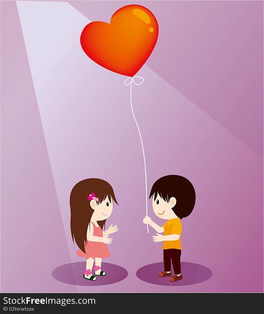 Vector illustration of an boy with balloon and shy girl. Vector illustration of an boy with balloon and shy girl.