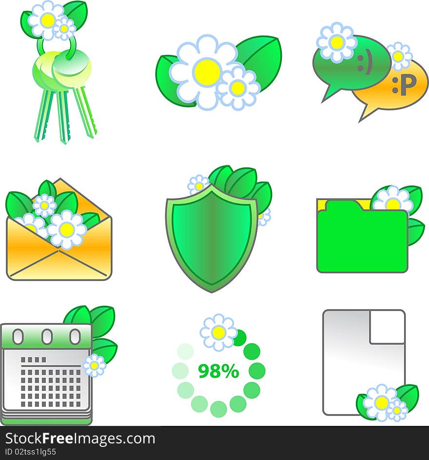 Depicts a set of icons with flowers and leaves