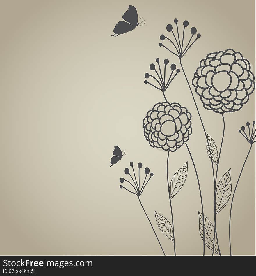 Beautiful illustration of a lone flower gray, retro style with butterfly. Beautiful illustration of a lone flower gray, retro style with butterfly