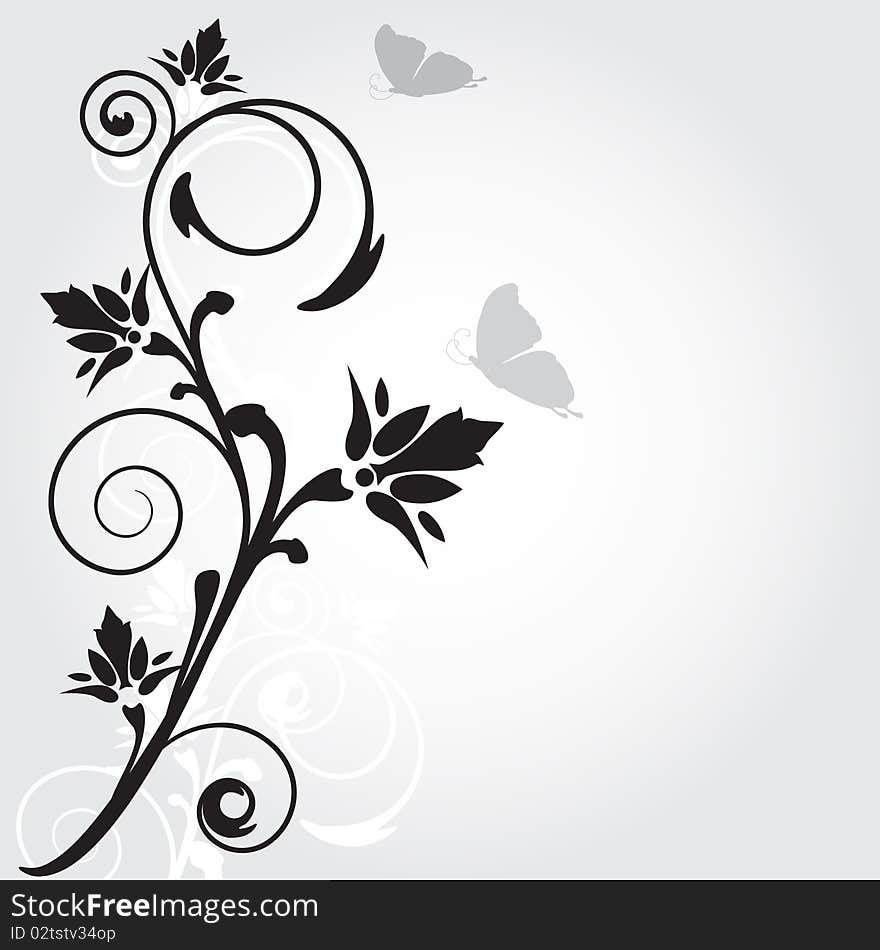 Beautiful illustration of a lone flower gray, retro style with butterfly. Beautiful illustration of a lone flower gray, retro style with butterfly