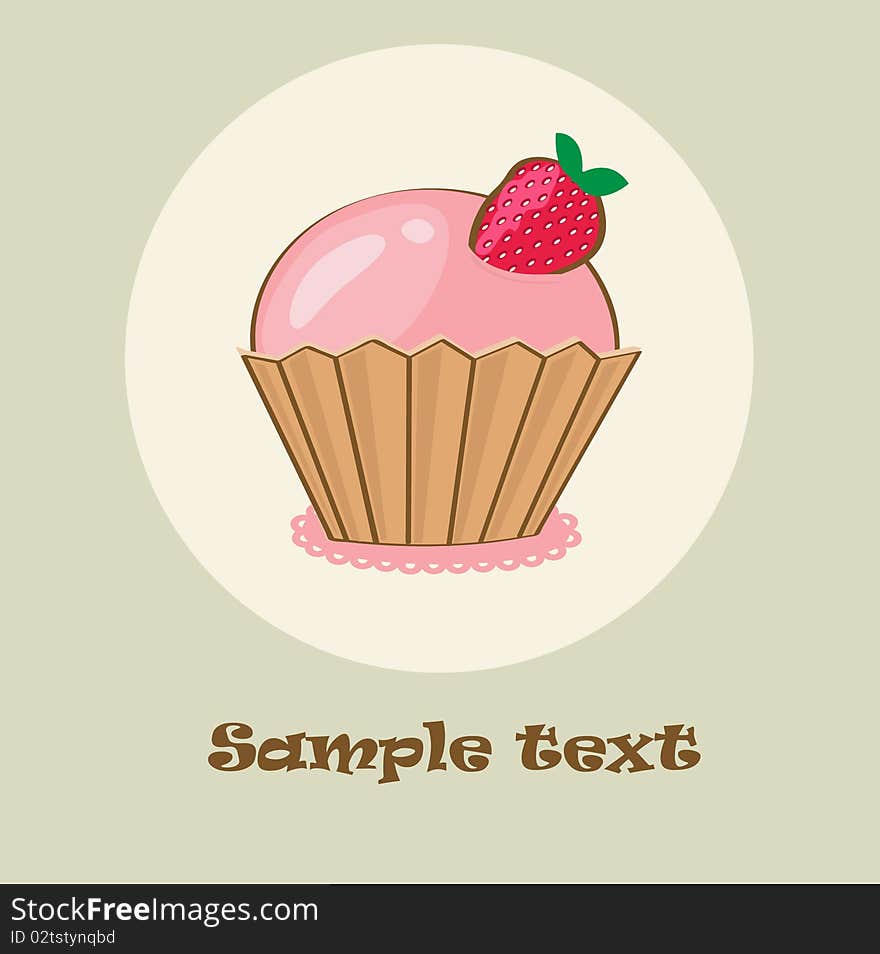 Birthday card with strawberry cupcake. Vector illustration