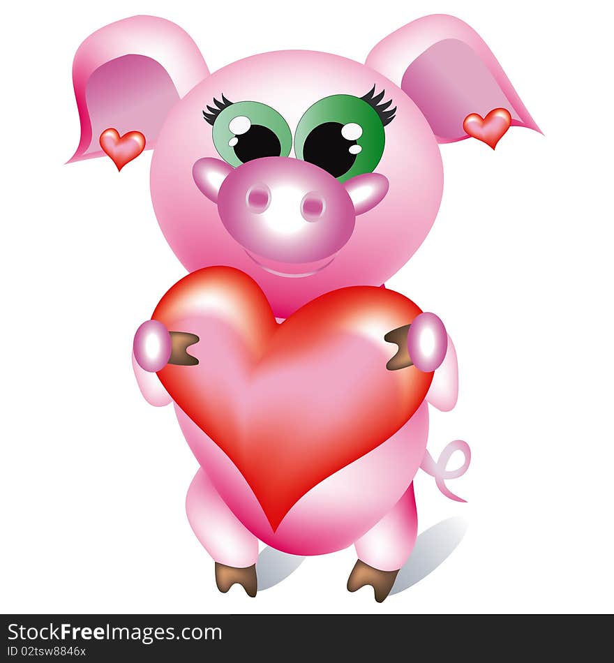 Pretty pig -girl with heart, isolated.