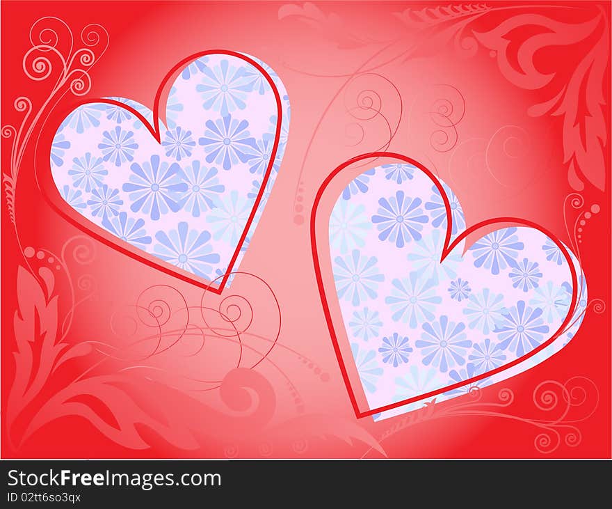 Red frame of two hearts decorated with floral pattern