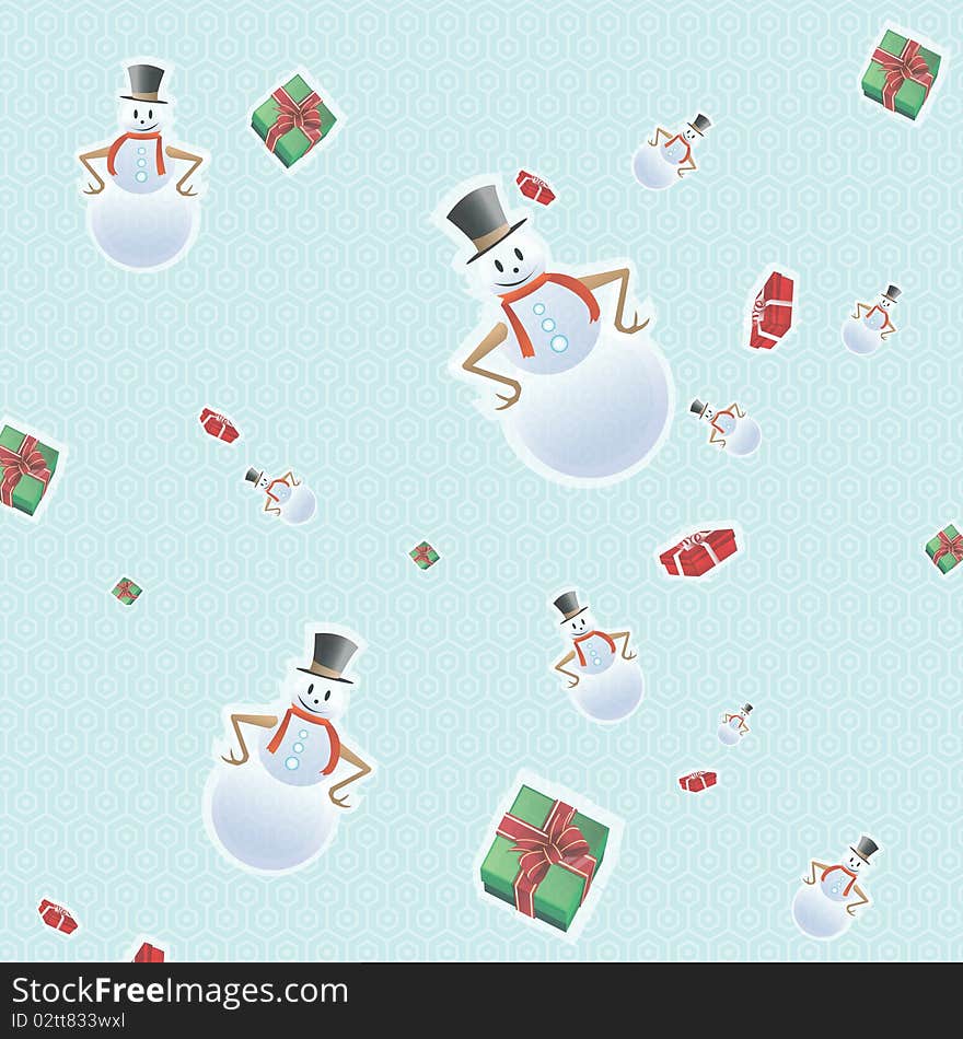 Pattern background of snowman and gift box