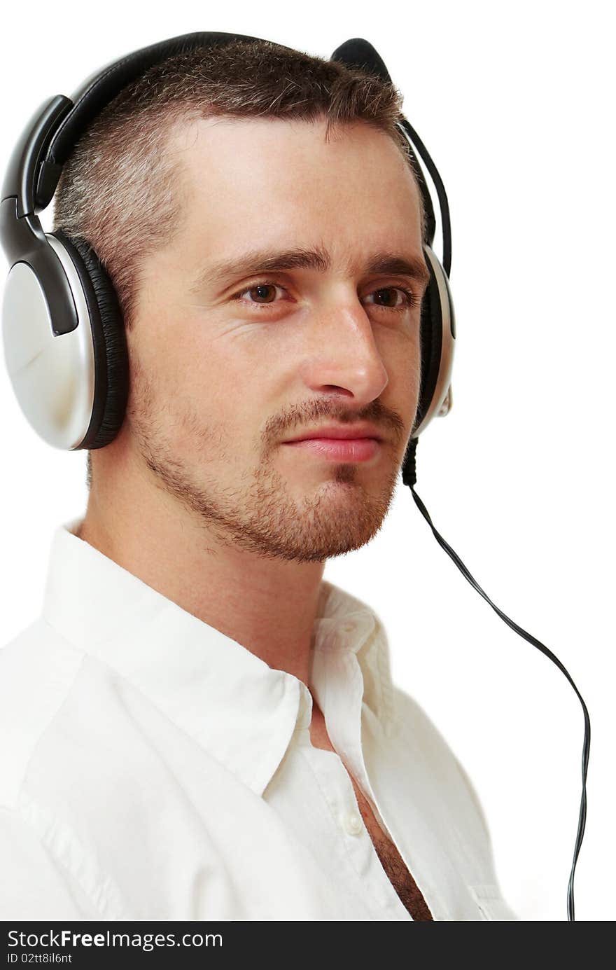 Young man with headset on white