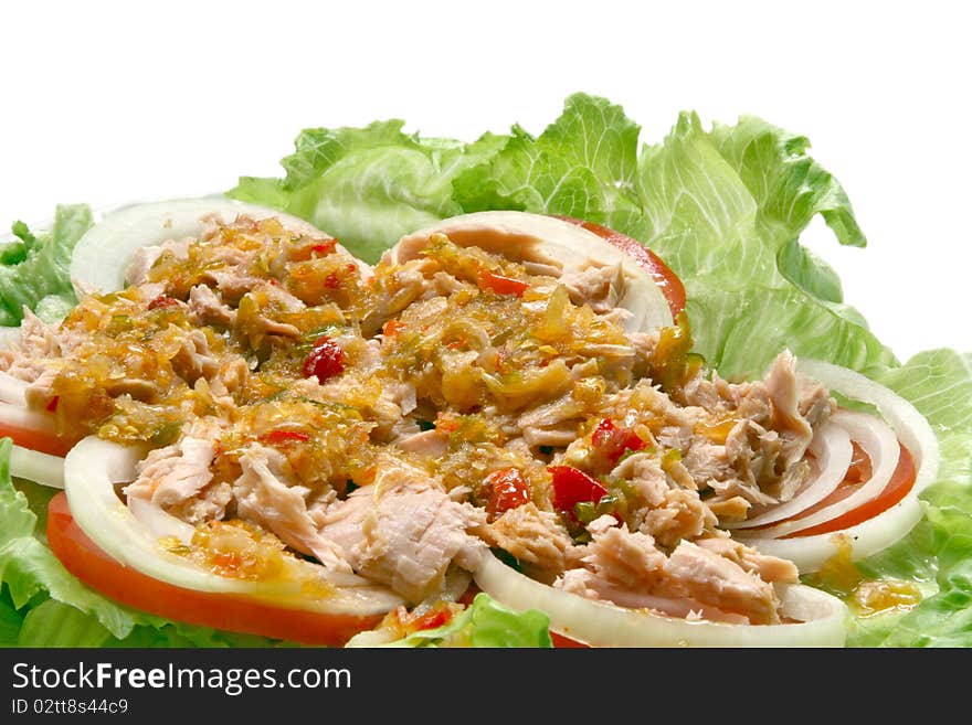 Thai spicy Tuna with Green salad onion and tomato, closeup. Thai spicy Tuna with Green salad onion and tomato, closeup