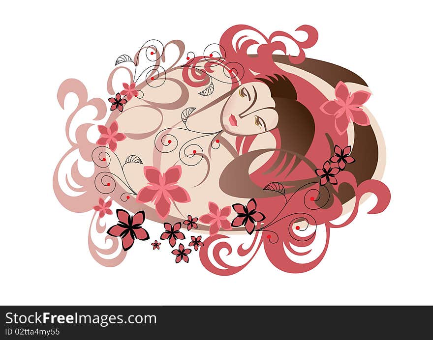 The girl's head in the pattern of hair and flowers. The girl's head in the pattern of hair and flowers