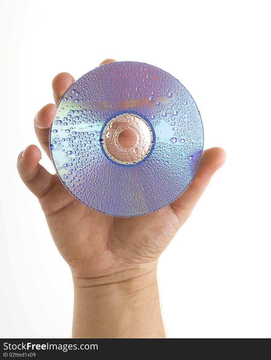 Cd disk and hand isolated on white background