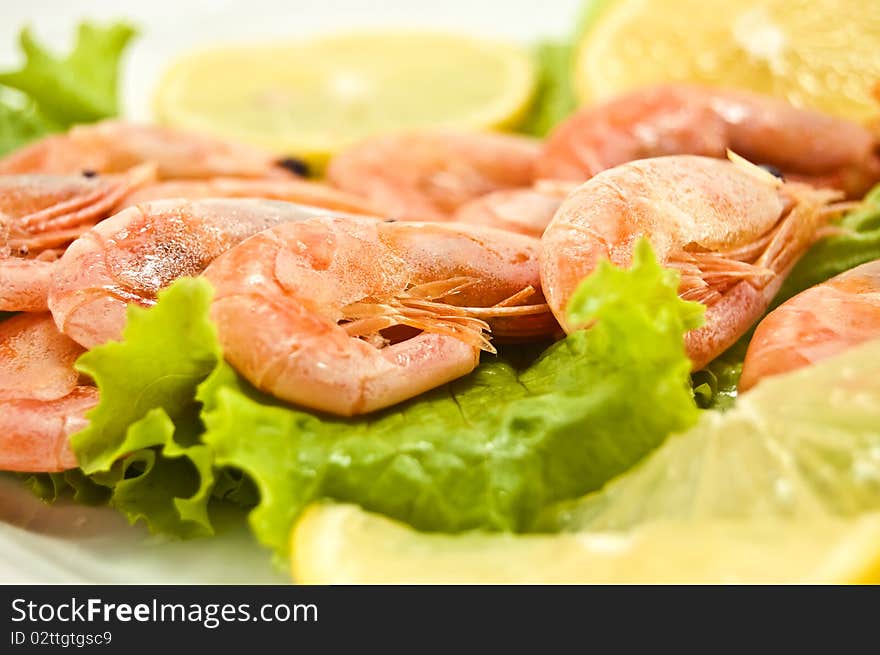 Appetizing dish with shrimp close up