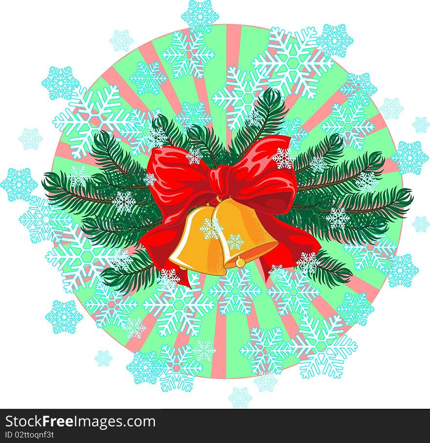 Vector illustration of two bells on spruce twig with beautiful red bow. There are three layers: bells and bow, spruce, background. Vector illustration of two bells on spruce twig with beautiful red bow. There are three layers: bells and bow, spruce, background.