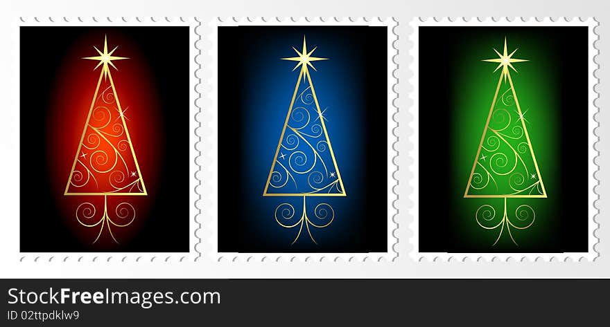 Set of Christmas stamps with trees,