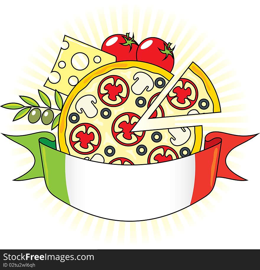Pizza with the components and the flag of Italy. Emblem.