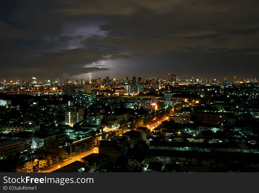 Lighting Thunder sky night city night bolt landscape Midnight Storm could