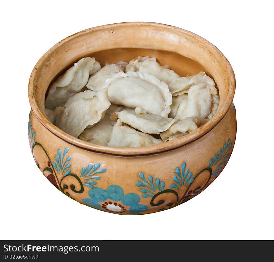 Vareniki (Perogies) with its a potato fillings on white background.