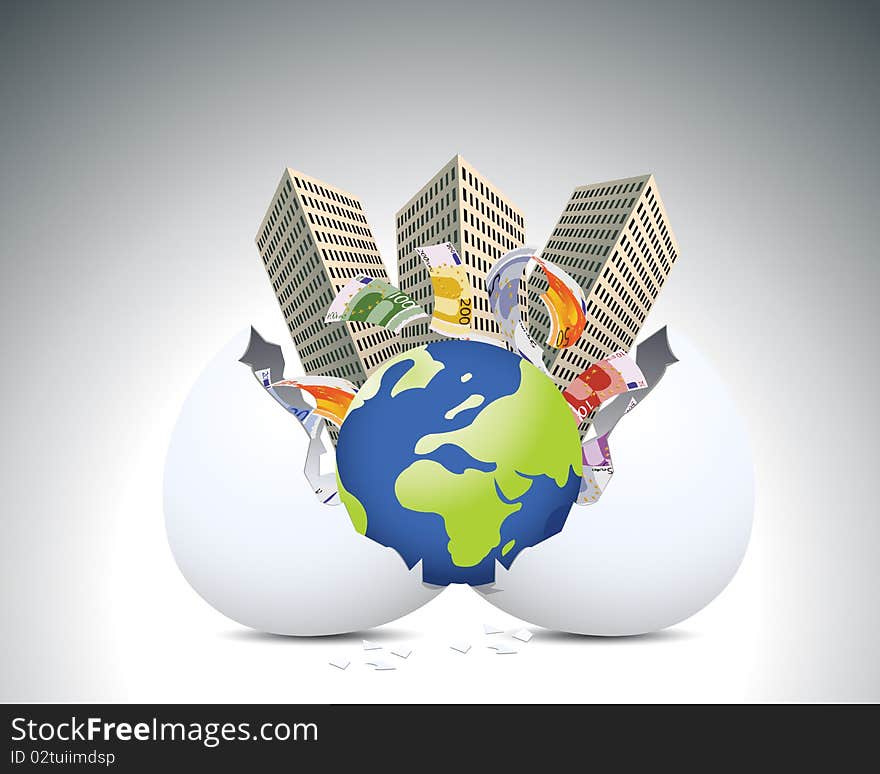 Globe, building and money out of egg shell. Globe, building and money out of egg shell.