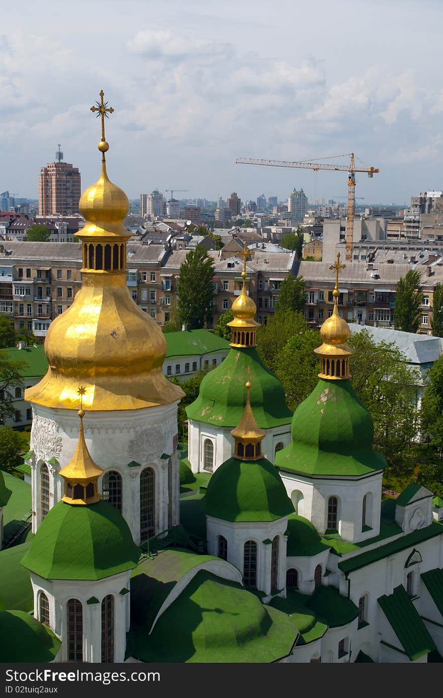 Gold domes of Saint Sophia Cathedral in Kyiv - top view