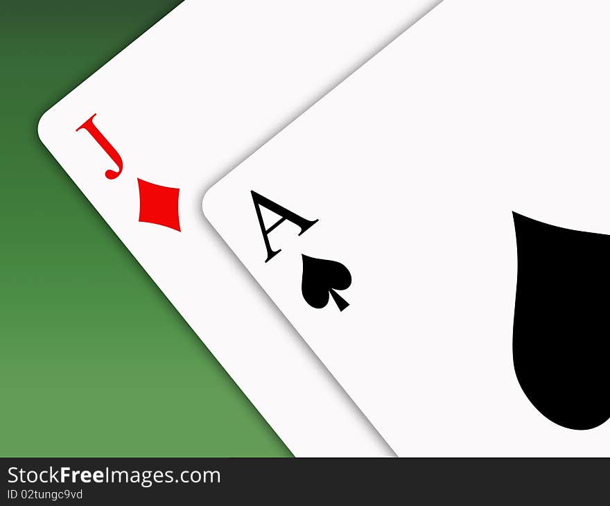 Blackjack. piece of paper isolated on green background. Blackjack. piece of paper isolated on green background