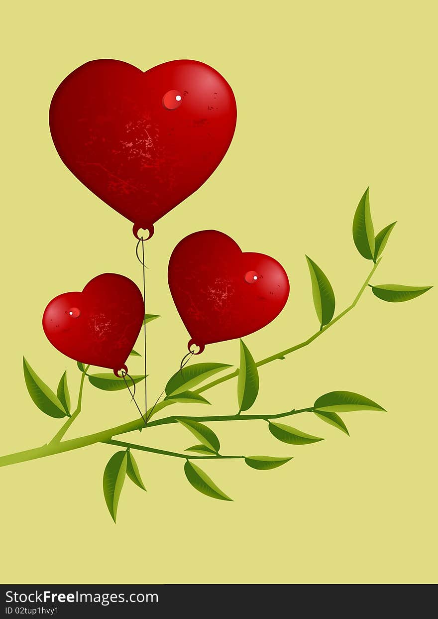 Valentine's Day Concept, three love hearts balloons bound with tree branch.