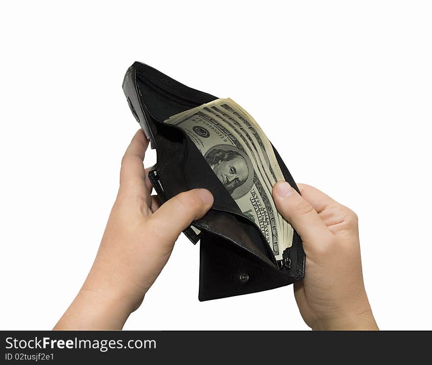 Hands open up a purse with dollars, insulated on white background