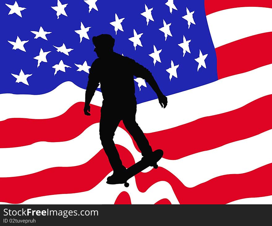 This image represents and drawing with a skater silhouette over an US flag. This image represents and drawing with a skater silhouette over an US flag