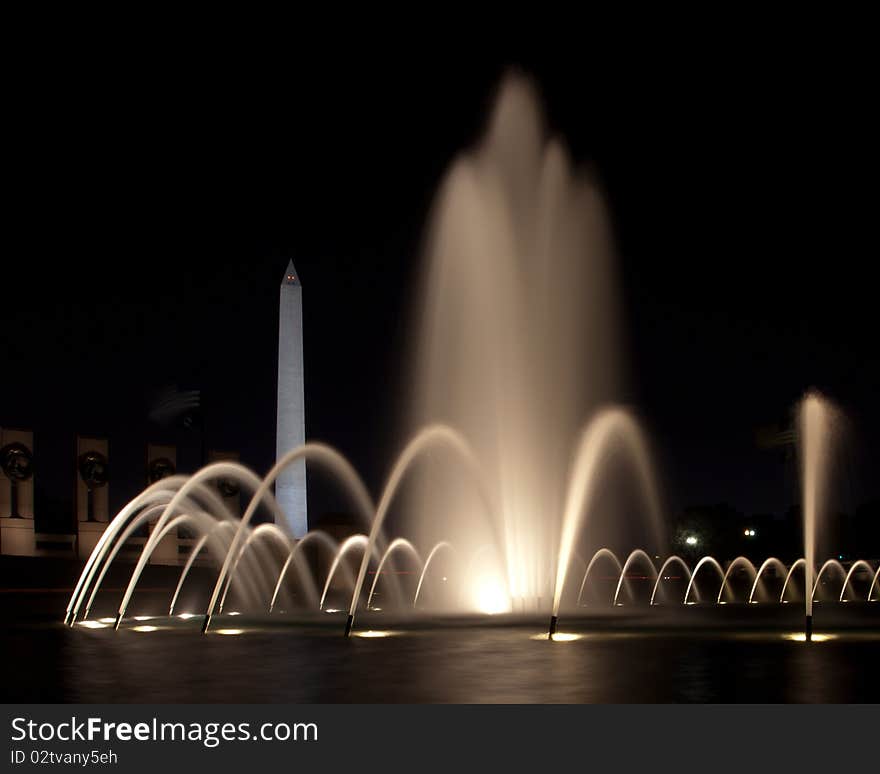 World War II Memorial Fountains at Night