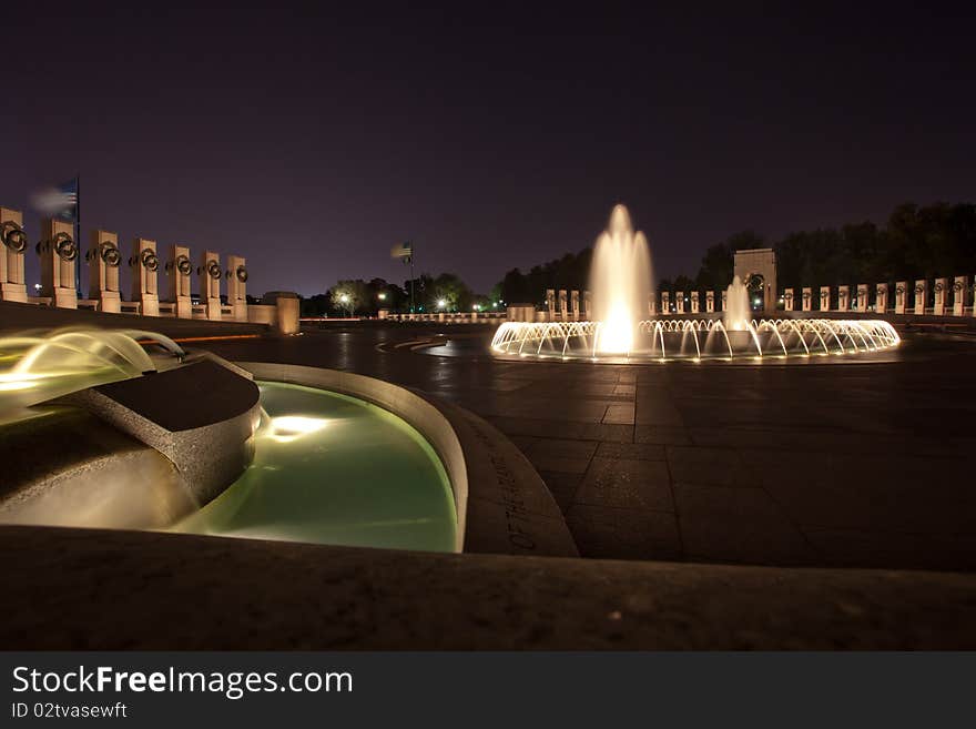 World War II Memorial Fountains at Night