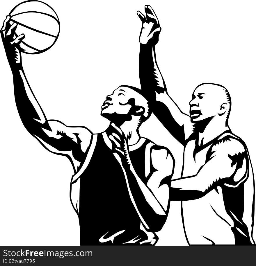 A black and white illustration carved style of two basketball players. A black and white illustration carved style of two basketball players